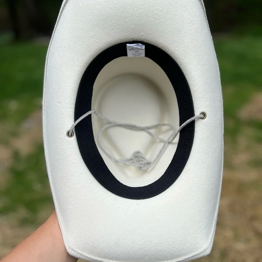 NWT White Rhinestone Strap Womens 7 Cowboy Hat Flat Brim Polyester Felt